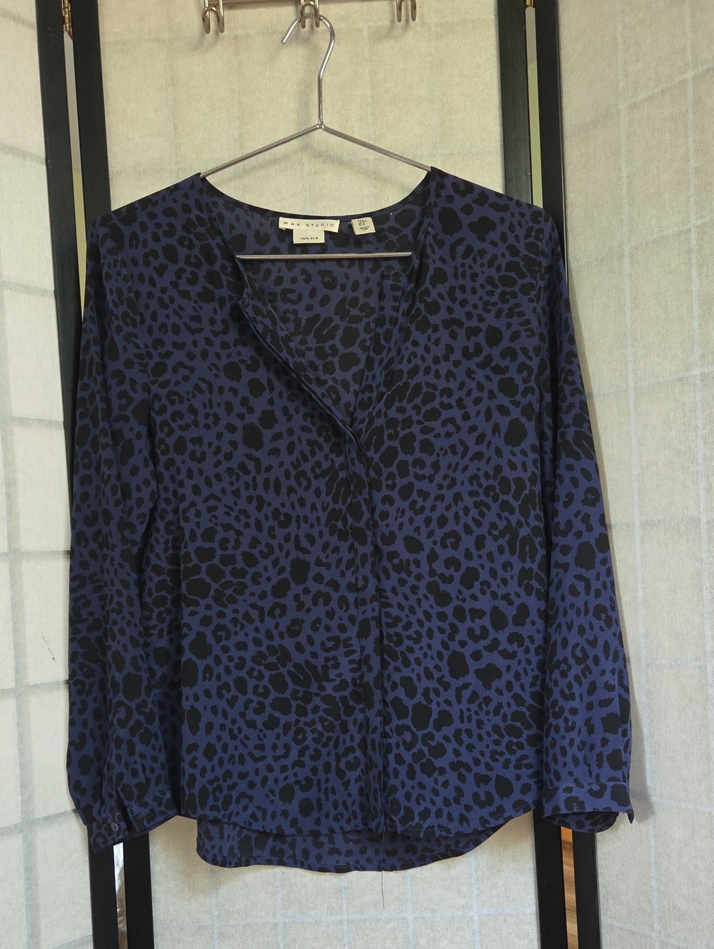 Navy and Black Leopard-Print V-Neck Blouse 100% Silk